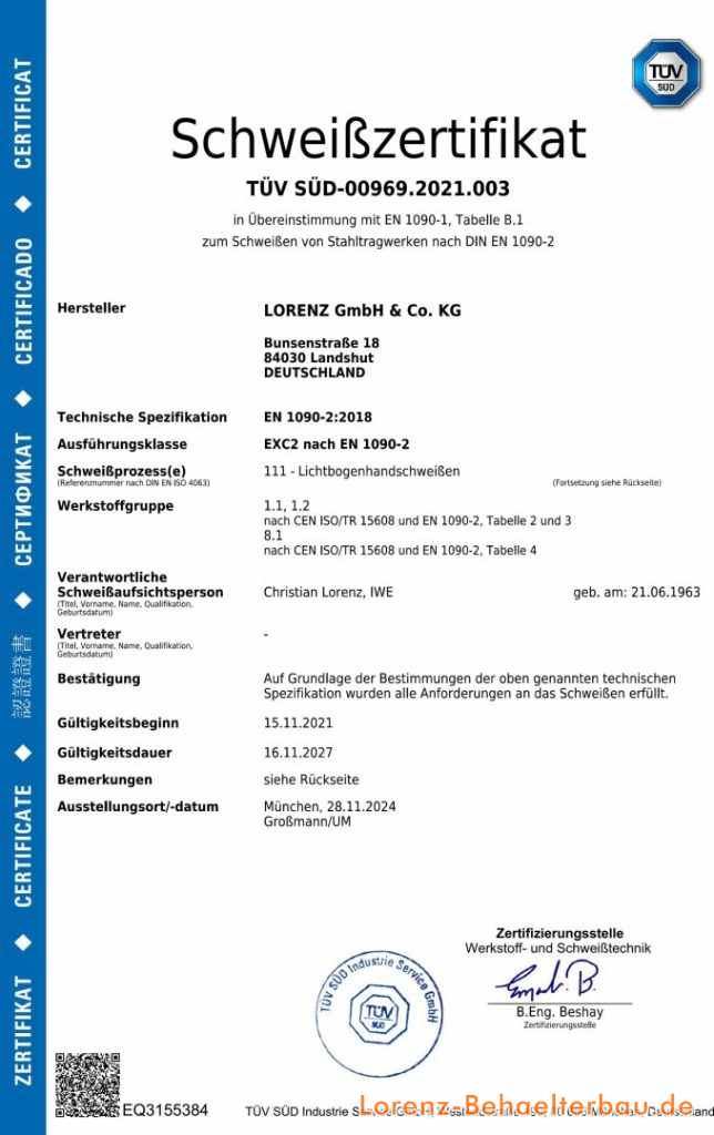 Schweisszertifikat Lorenz Behälterbau