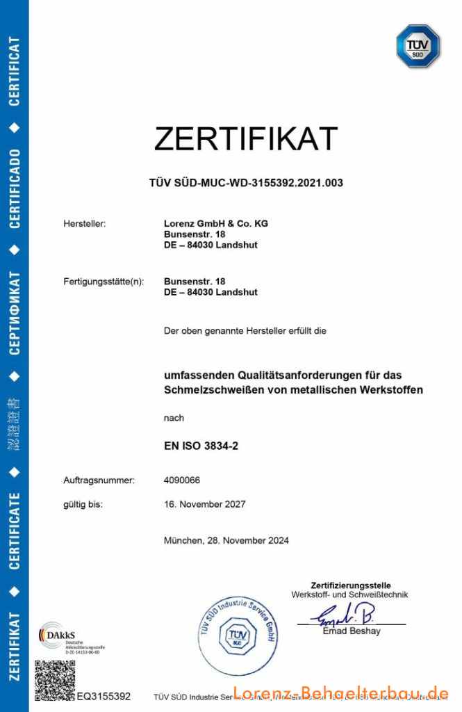 Qualitäts-Zertifikat Schmelzschweissen